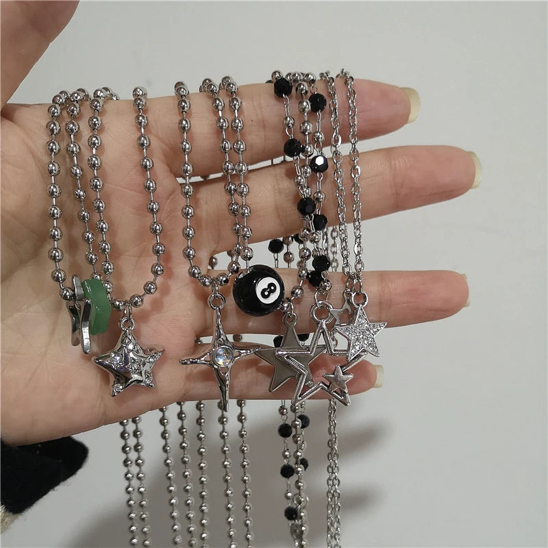 Trendy Vintage Punk Silver Color Star Pendant Bead Necklace for Men Women Street Hip Hop Aesthetic Grunge Jewelry Y2K Accessorie