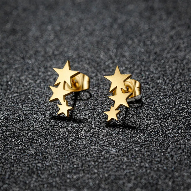 Tiny Stainless Steel Geometric Stud Earrings for Women Minimalist Round Star Moon Ear Studs Cross Heart Earings Punk Pendientes