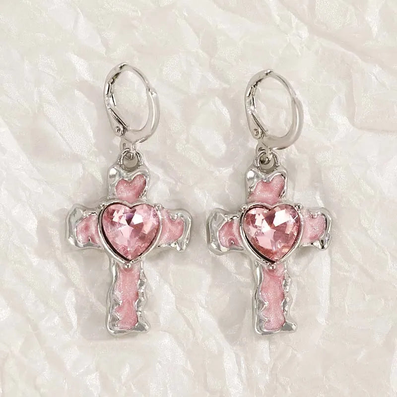 Vintage Punk Pink Crystal Cross Drop Earrings For Women Gothic Hip Hop Cross Star Charms Earrings Y2K Aesthetic Jewelry