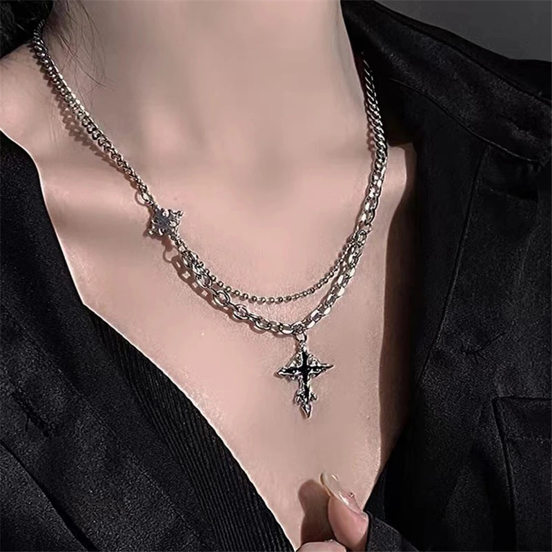 Kpop Y2K Trendy Star Moon Cross Silver Color Choker Chain Necklace Pendant Neck For Women Men Charm Grunge Punk Fashion Jewelry