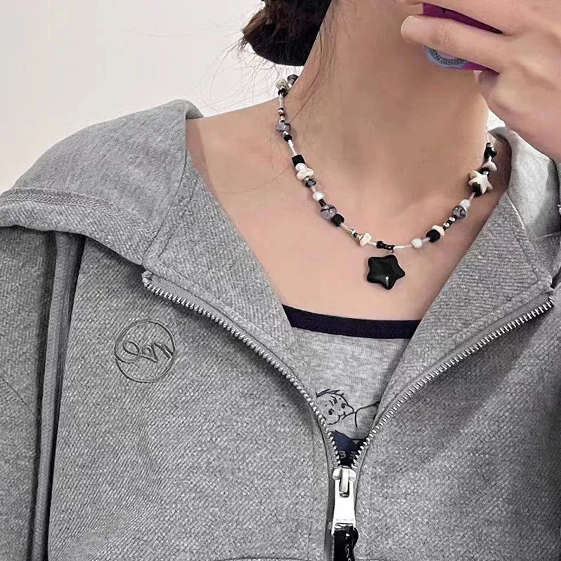Kpop Goth Vintage Aesthetic Y2K Star Pendant Beaded Silver Color Chain Necklace Women Men Cool Grunge EMO 2000s Jewely Accessory