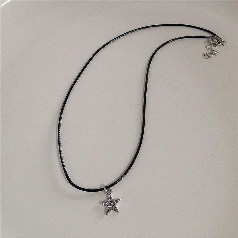 Kpop Goth Vintage Aesthetic Y2K Star Pendant Beaded Silver Color Chain Necklace Women Men Cool Grunge EMO 2000s Jewely Accessory