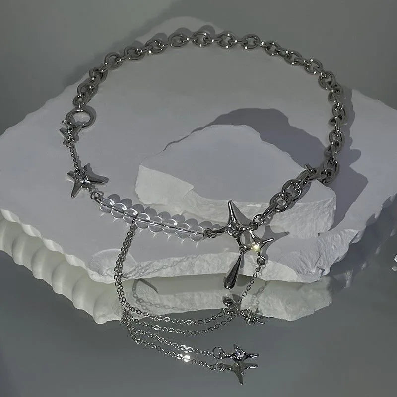 Y2k Irregular Star Chain Necklaces Women's Fashion Transparent Beads Zircon Choker Necklace Kpop Silver Color Summer Jewelry