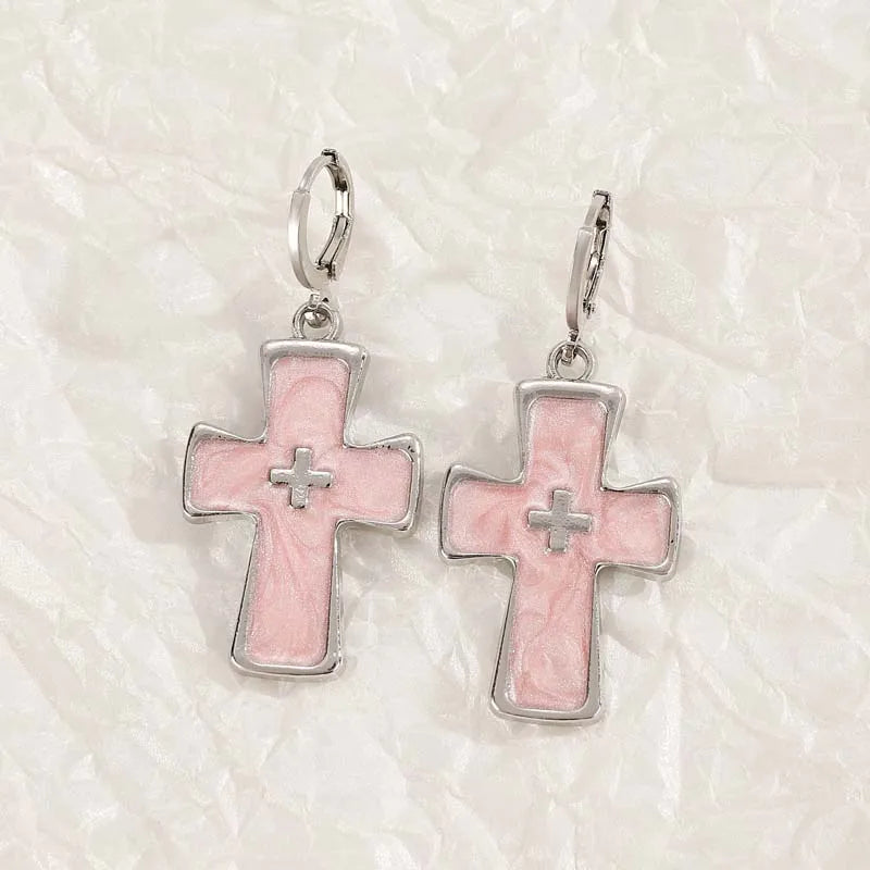 Vintage Punk Pink Crystal Cross Drop Earrings For Women Gothic Hip Hop Cross Star Charms Earrings Y2K Aesthetic Jewelry